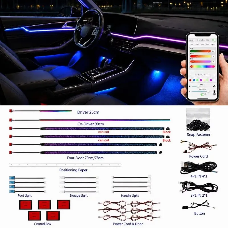 Car Ambient Lighting Kit 18 in 1 RGB LED 5 Controllers Sync APP  Remote Music Door Trim Handle Footwell Storage Light