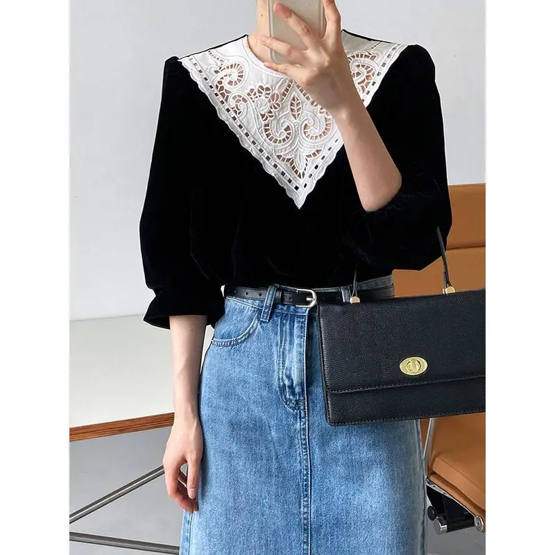 パフスリーブの女性用ブラウス,金色のベルベットの服,レースのパッチワークプルオーバー,韓国のシャツ,春,秋,新しいファッション