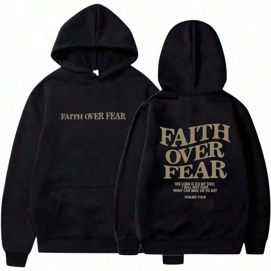 

Черная толстовка унисекс с графическим принтом "Faith Over Fear" - свободный крой, пуловер-свитшот