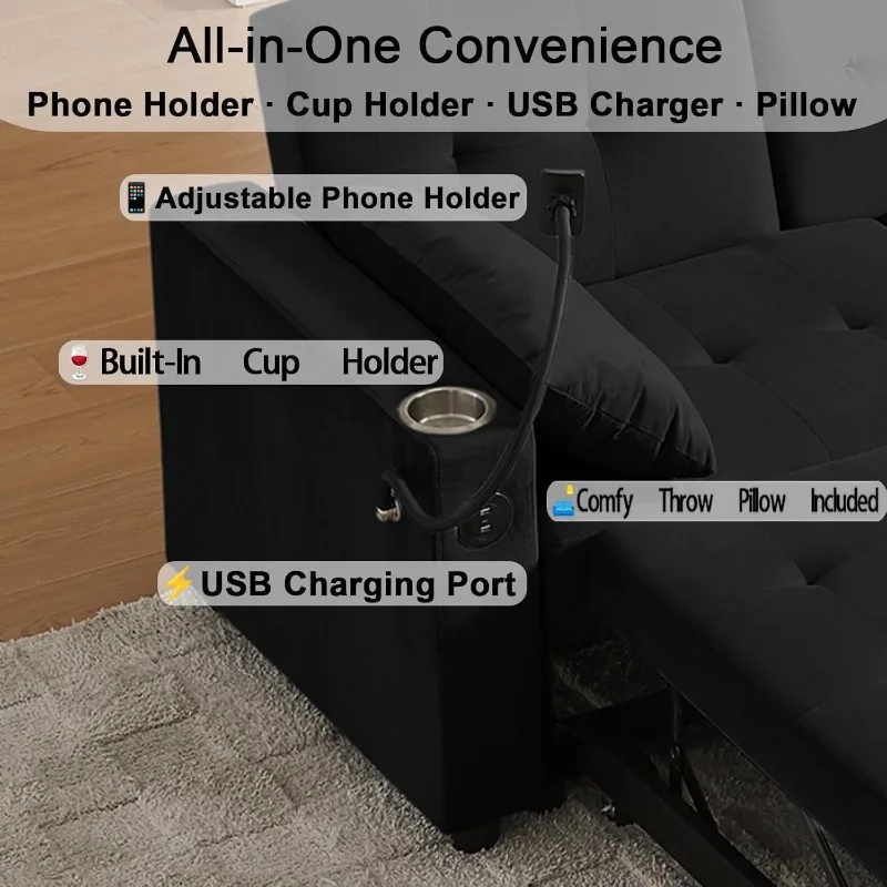 home. Divano letto queen size split da 70 pollici per soggiorno, divano letto estraibile con portabicchieri, porta telefono, struttura in legno massello,
