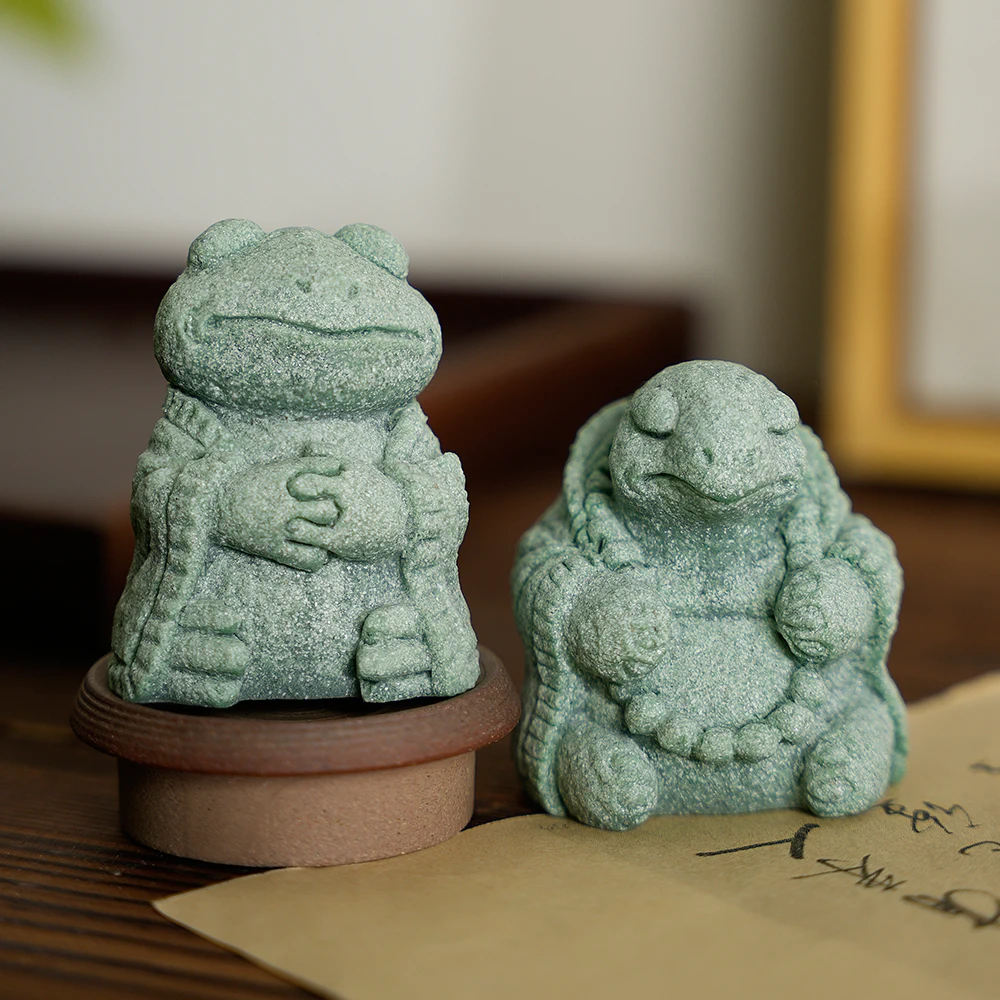 Zen Frog & Turtle Figurine Set, Green Sandstone Resin Statues, Meditation Animal Ornaments for Tea Room/Home Decor