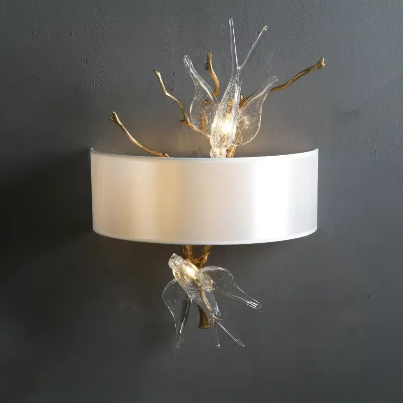 Light Swallow Wall Sconce, Solid Copper Vintage Minimalist Bedside Lamp, Branch & Bird Decorative Lighting for Villa
