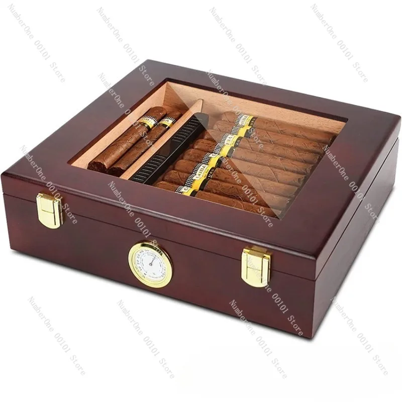 Wooden Cigar Humidor Glass Top Cigar Box Constant Humidity Storage Case Transparent Display Cigar Storage Box
