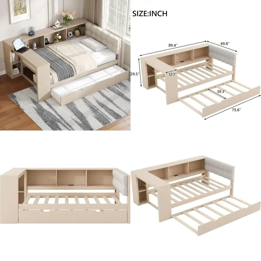 

Двуспальная кровать-софа с книжным шкафом, выдвижным спальным местом и зарядной станцией, деревянный стол, льняная обивка, подходит для детей и взрослых, кремовый цвет