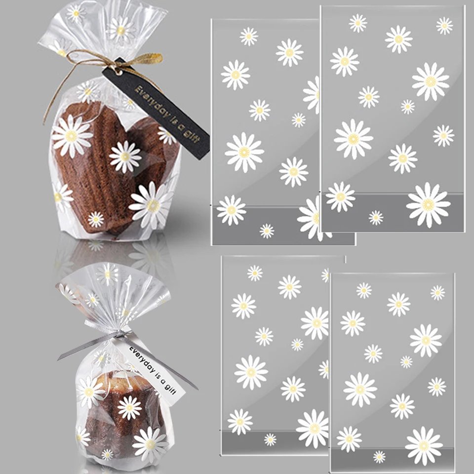 25/50PCS Daisy Plastic Biscuit Bags Cookies Candy Packaging Transparent Bag for Wedding Birthday Party Baking DIY Wrapping