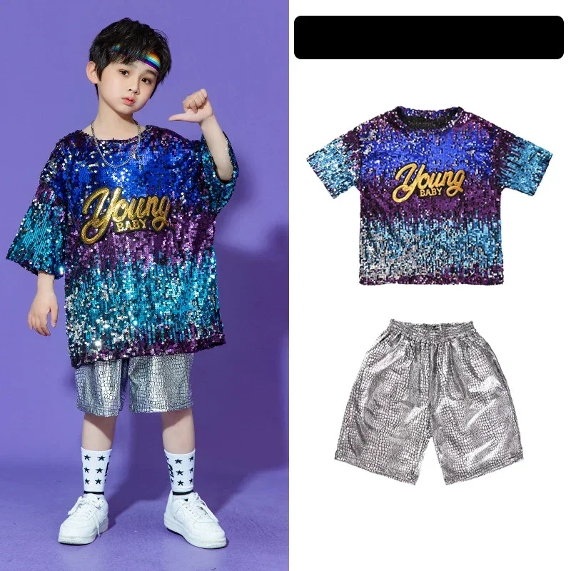 Conjuntos de ropa de Hip Hop para niños y niñas, pantalones cortos plateados, baile callejero, baile de Jazz, rendimiento de percusión, ropa de lentejuelas multicolor