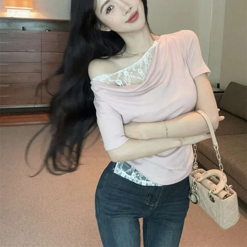 

Sweet Lace Patchwork Slim Tops Women Clothing Summer New Short Sleeve Solid Irregular Korean T Shirts Fashion Sexy Women Clothes