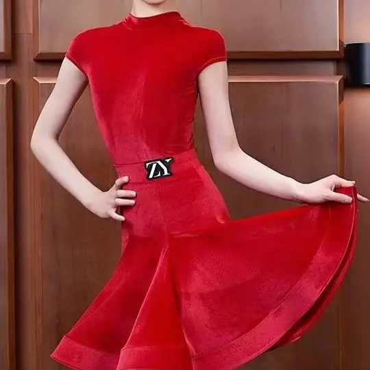 

New Latin Dance Competition Dress for Girls Professional Velvet Ballroom Dancewear Cap Sleeve Big Flared Skirt Performance Dress