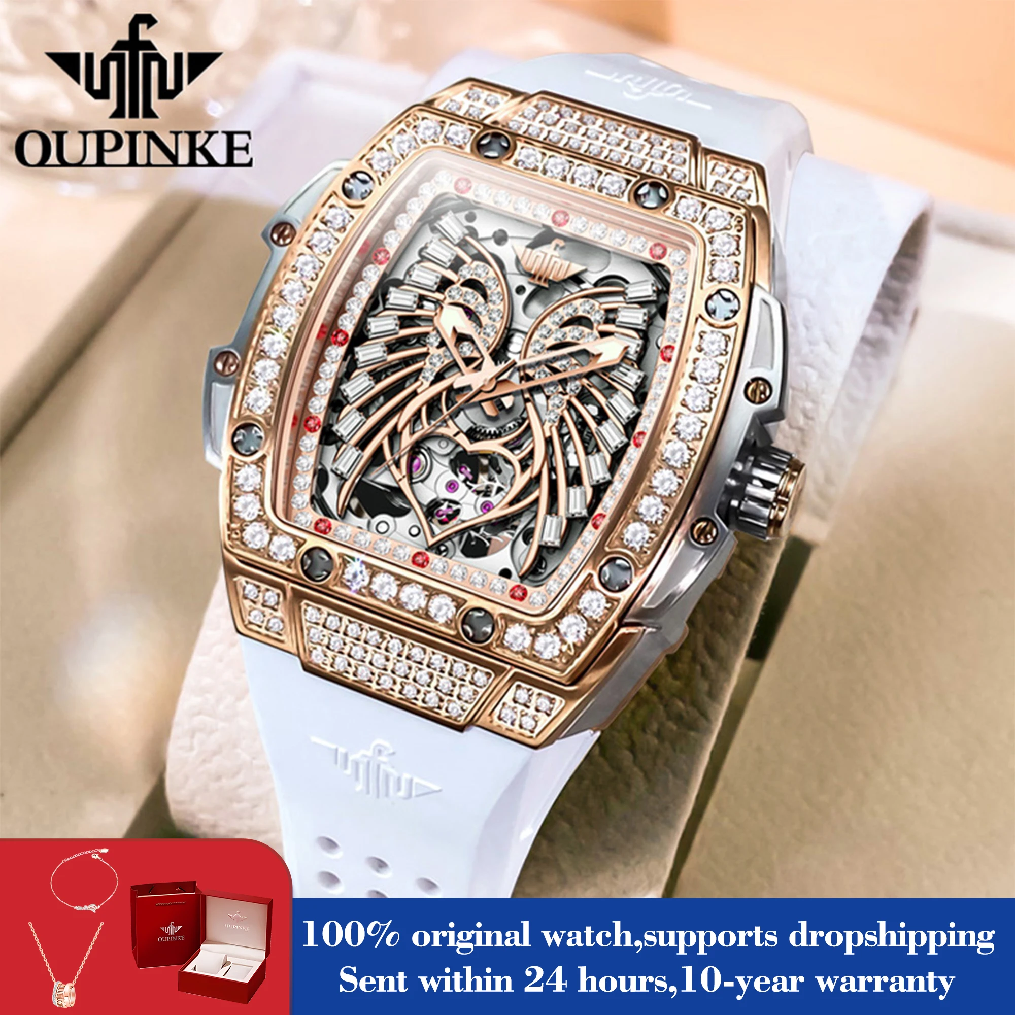 OUPINKE 3225 Luxury Hollow Mechanical Watch For Women Diamond Deep Waterproof Automatic Hand Clock Top Brand Woman Watch 2024