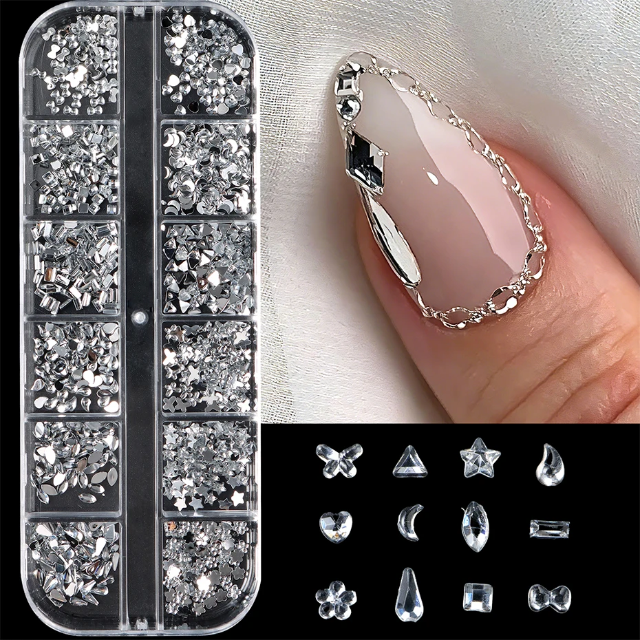 12 Gitter Weiße Klare Strass-Nagelsteine Schmetterling Stern Herz Quadrat Dreieck Kristall-Edelsteine Nagelkunst-Dekorationen Zubehör