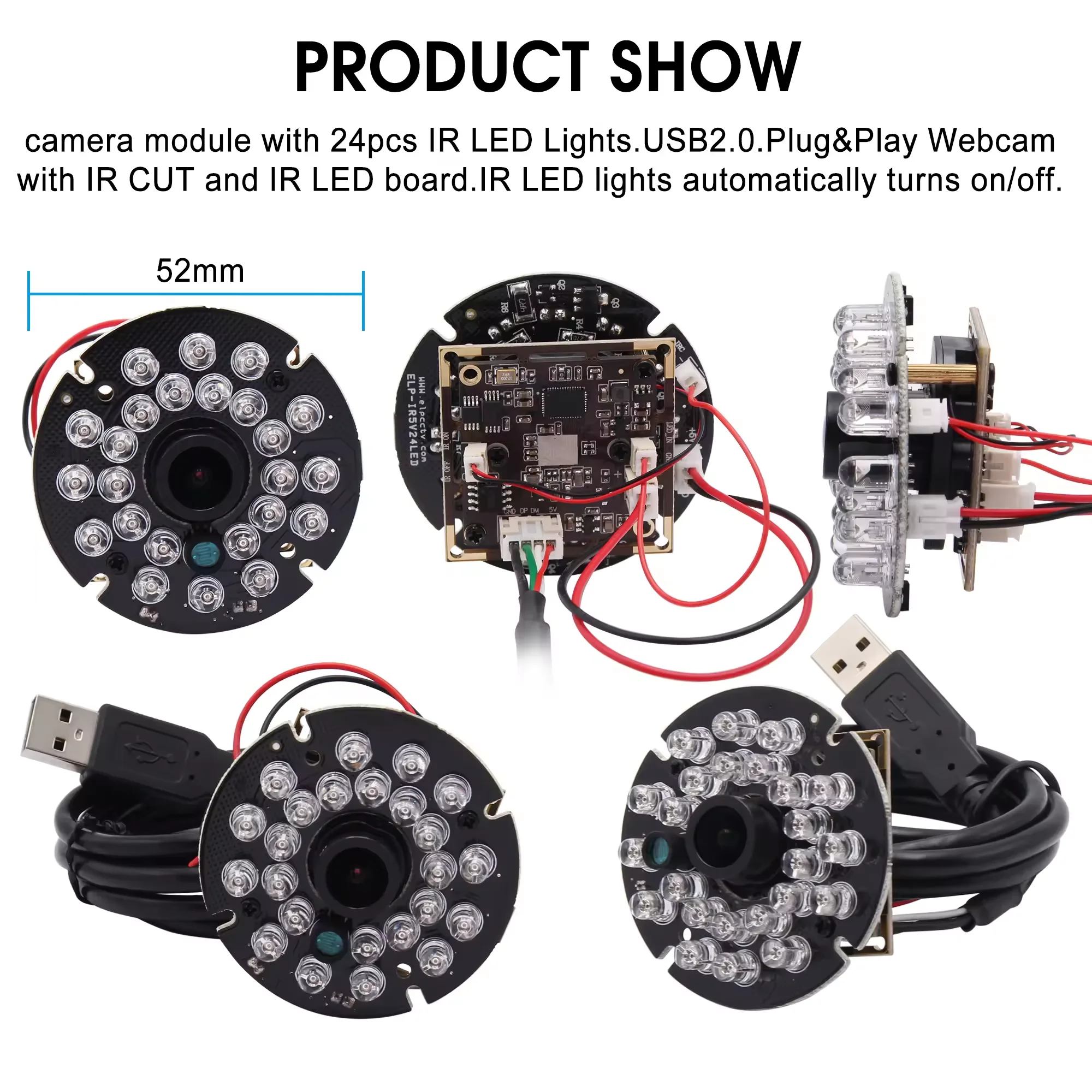 ELP 480P 60fps USB 카메라, 야간 투시경, IR LED 및 IR 컷, 감시용 DIY 카메라 모듈, 24 개