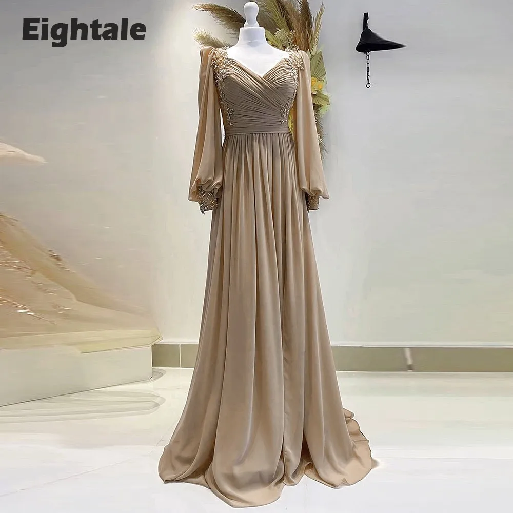 Eightale Champagne Vestidos V-Neck Chiffon mangas compridas Apliques frisado Prom Partido Vestido Graduação Ballkleider Abiye