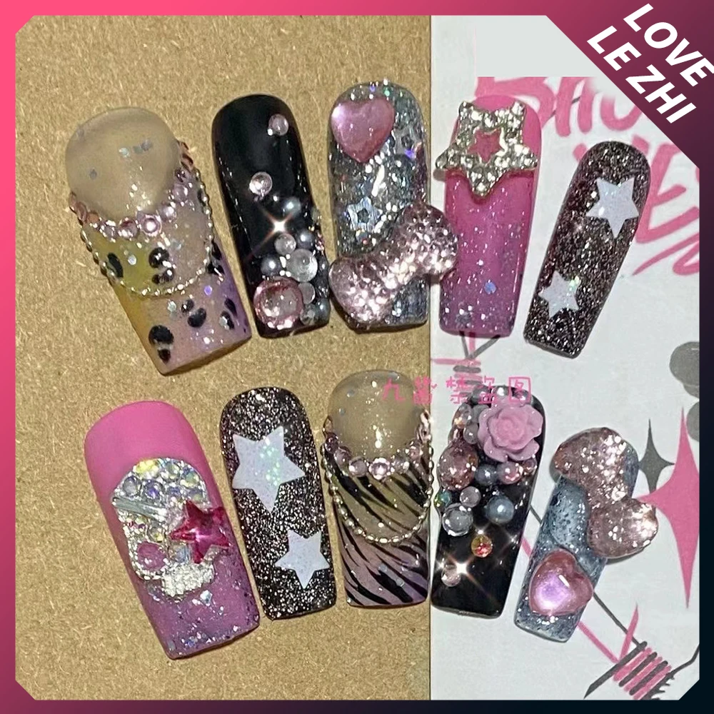 Spicy Girl Anime Reusable Y2K Handmade Press On Nails Cartoon Long Coffin Leopard Print Full Cover Nails Art Fake Nails