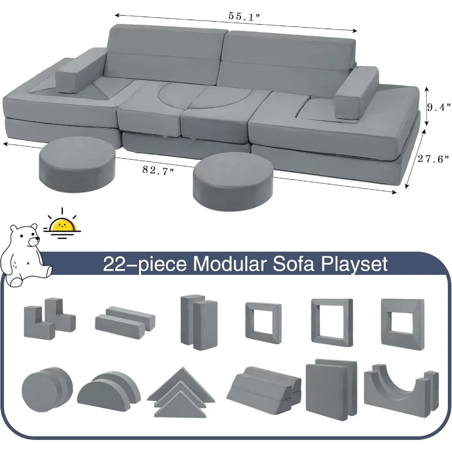 22 قطعة من أريكة اللعب المعيارية مع تصميم إسفنجي قابل للتحويل لغرفة اللعب وغرفة النوم وغرف المعيشة تشجع إبداع الطفل والخيل