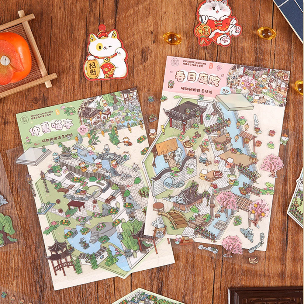 DIY Cartoon Cat Leisure Life in 4 Seasons Landscape Sticker 3D Pocket Cabin Scene Stacking Pasting Stickers Gift for Kid Child