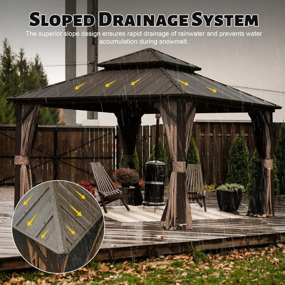 

10'x12' Hardtop Gazebo, Outdoor Metal Gazebo with Galvanized Steel Double Roof, Curtains & Netting, Permanent Pavilion