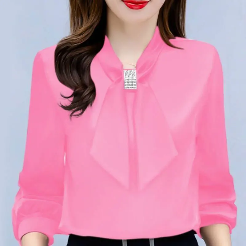 Büro Dame stilvolle V-Ausschnitt Schleife Bluse Frühling Herbst einfarbig grundlegende Damen bekleidung Langarm schicke Diamanten koreanisches Hemd