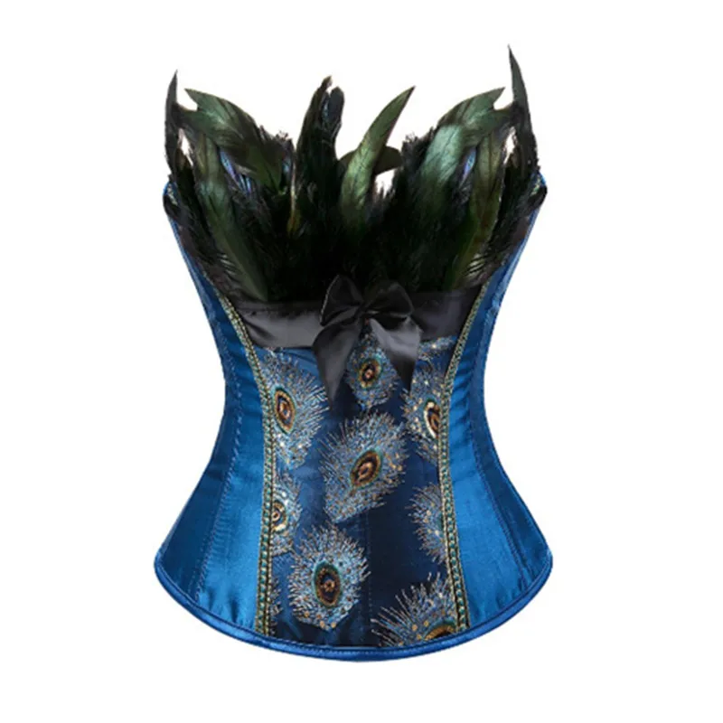 S-6XL feather corsets bustiers top peacock embroidery brocade burlesque halloween overbust corset pattern womens sexy exotic