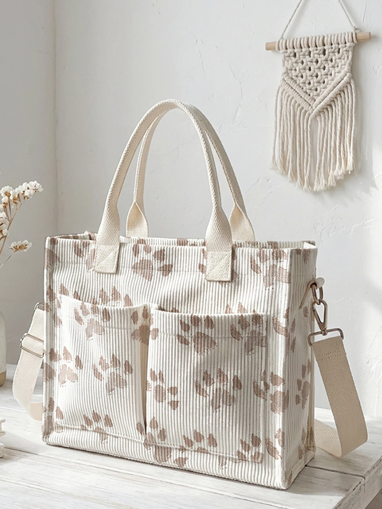 Cute Brown Paw Print Corduroy Tote Bag Large Capacity Multi Pocket Pet Lover Commuter Shoulder Bag