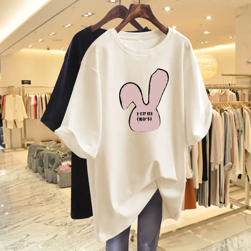 

Summer Cartoon Printed Loose Crew Neck Pure Cotton Short Sleeve Pullover Women Casual Simple Basic Top Tee Lady Chic Shirt