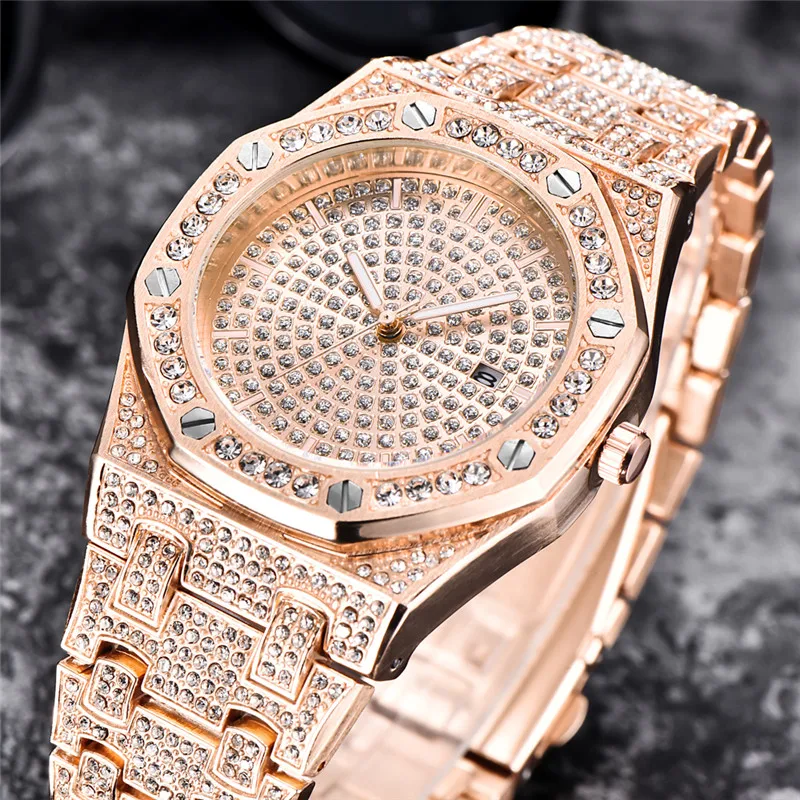 Cool Diamond Brand Watches For Men Montre Fashion Alloy Band Hip Hop Golden Gifts Date Quartz Clock Relogio Masculino Ouro 2023