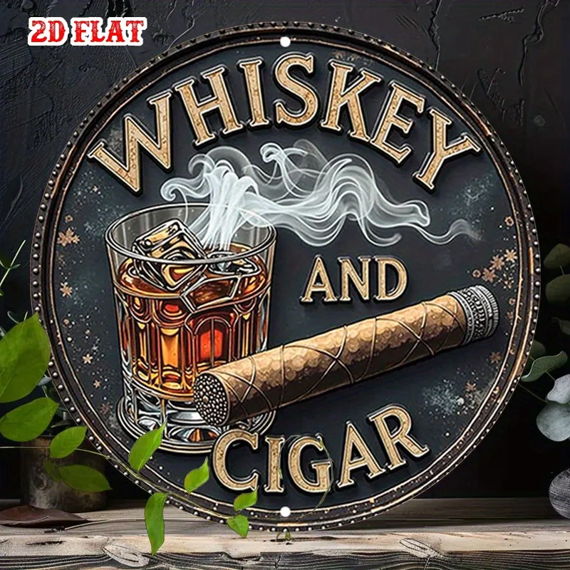 2D Flat, 2D Flat 1pc Cigar Smoke Round Sign, Elegant Design Metal Sign - Luxury Beverage Rustic Metal Wall Art, Whiskey Glass Me