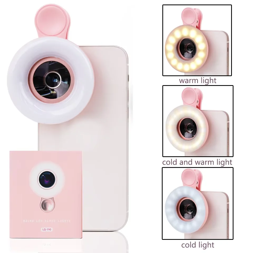 New 2 in 1 HD Phone Camera Lens With LED Ring Flash Light Lamp Fill Light For Eyelash Nail Makup Tools