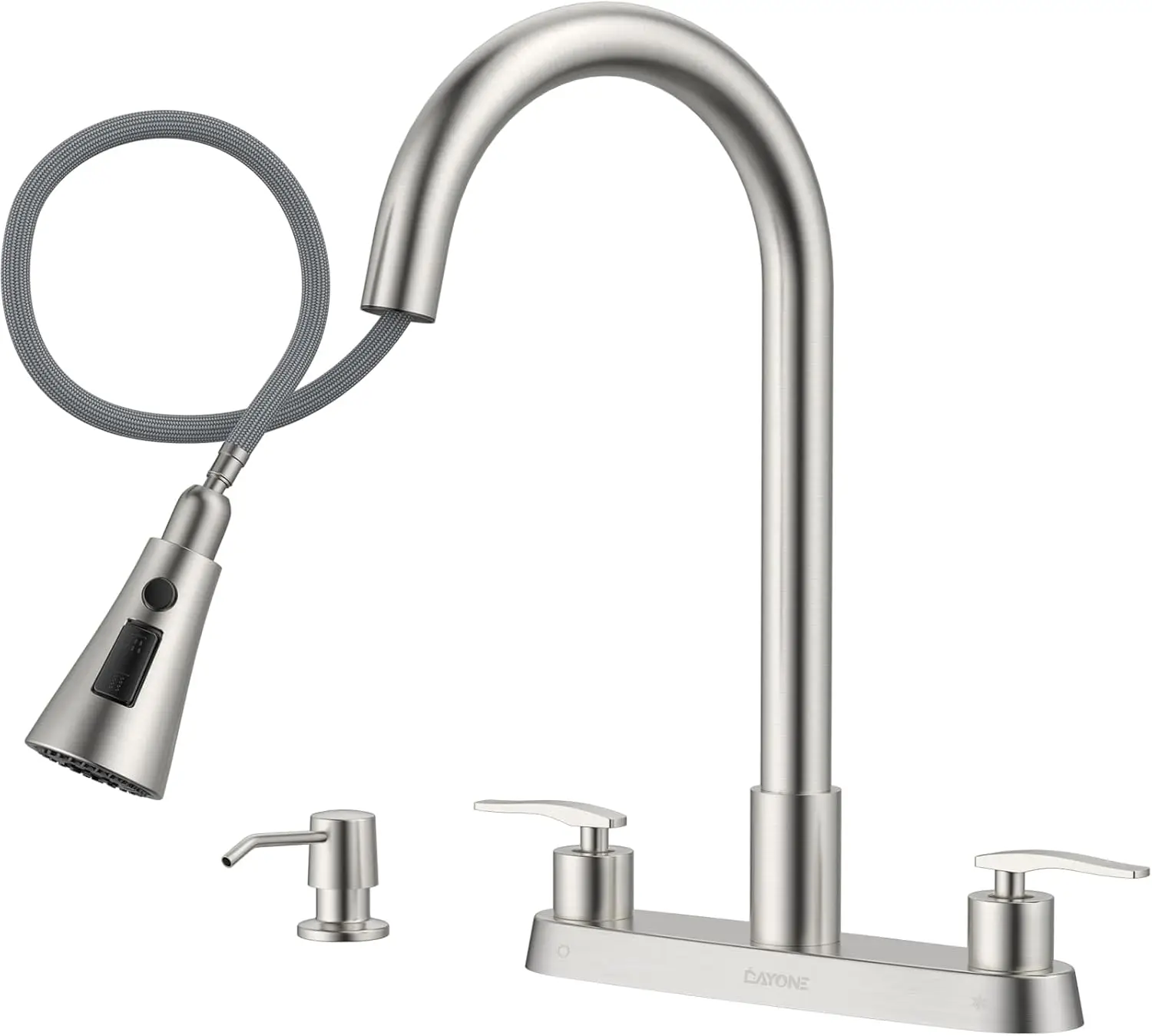

2-Handle Kitchen Faucet with Pull-Down Sprayer, 4-Hole Stainless Steel, Brushed Nickel, Includes Soap Dispenser