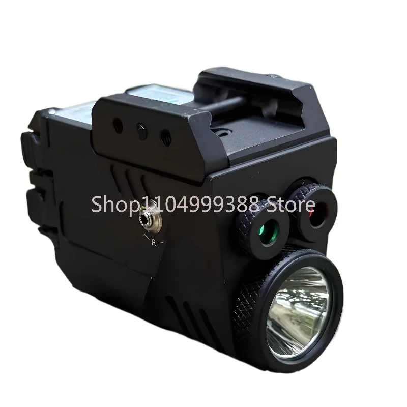 High-intensity tactical flashlight with strobe red, green and blue laser beams. Magnetic attachment for easy charging.