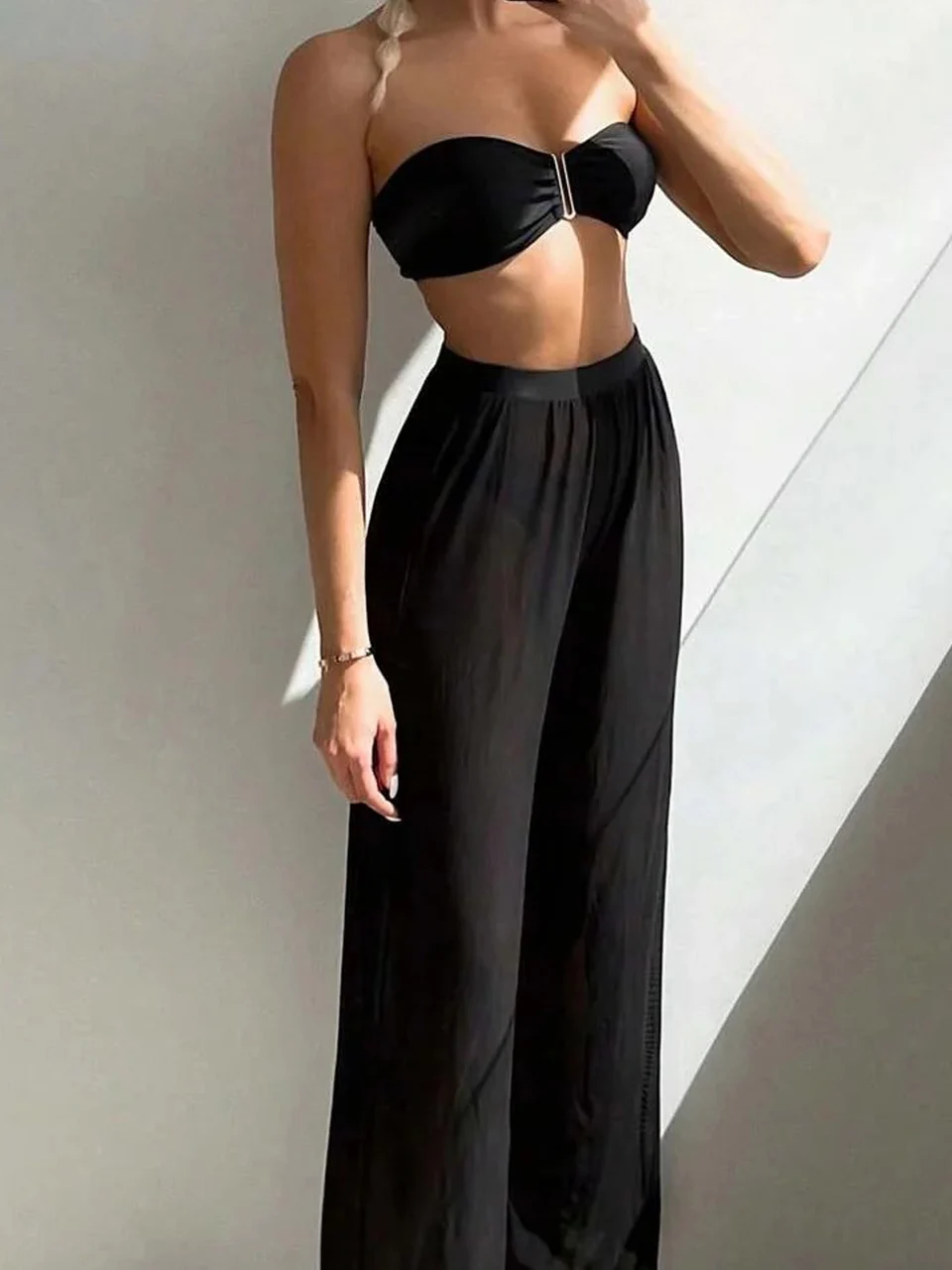 3pcs Tie Front Bandeau Bikini Set 2026 Women Triangle Swimwear Female Printed Swimsuit With Beach Pants Sexy Padded Bathing Suit
