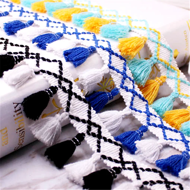 2 Yards Colored Fringed Lace Trim Sewing Ribbon Tassel Fringe Cotton Ethnic Latin Dress Stage Garment Curtain Decorative DIY