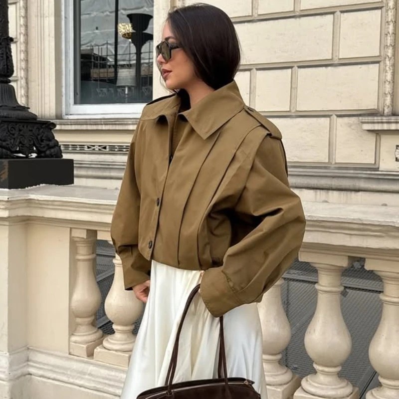 

TARUXY Lapel Long Sleeves Wrinkles Jacket Women Solid Single-Breasted Splicing Female Fashion Leisure Commuting Coat Autumn New