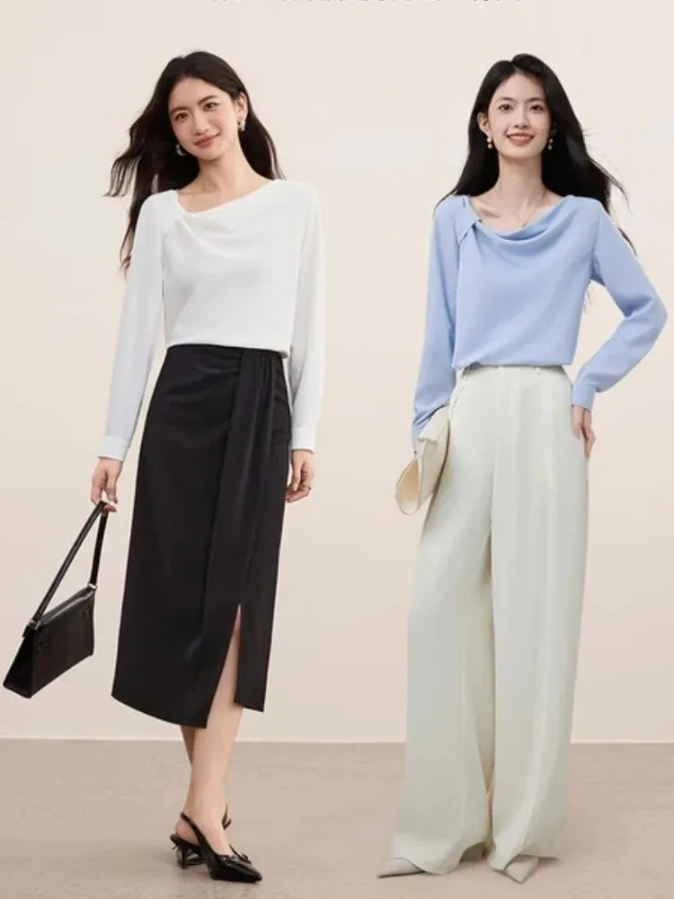 SENTUBILA Women's Elegant Skew Neck Chiffon Shirt 2025 Autumn Loose Edition Commuting Long Sleeve Shirt 153VA2614