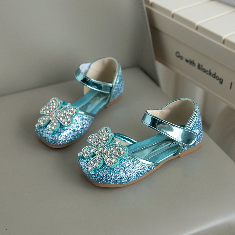 Toddler Girls Bow Rhinestones Sandals Beach Shoes Kids SKy Blue Sequins Princess Sandals 3-12Y Flats Summer Sandals for Girls