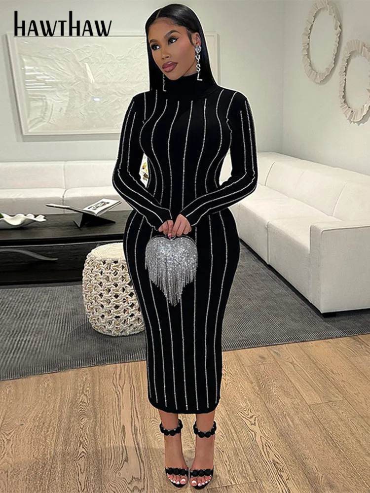 Hawthaw Women 2024 Spring Autumn Long Sleeve Party Club Streetwear Bodycon Black Midi Dress Wholesale Items For Business