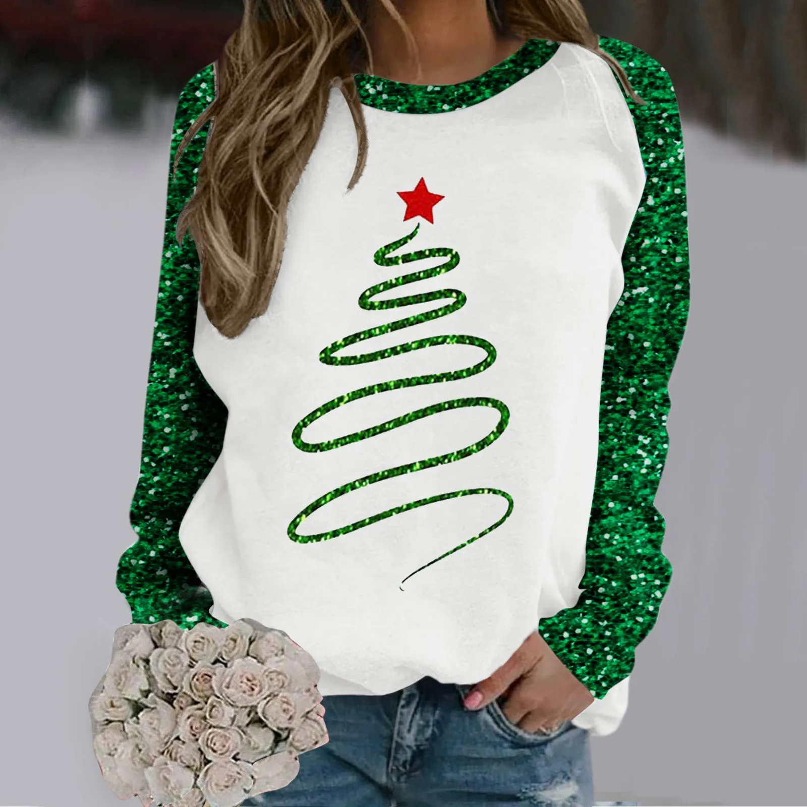 

Women Hoodless Sweatshirts Christmas Light Chillin'with My Gnomies Print Round Neck Pullover Christmas Solid Color Pullover Tops