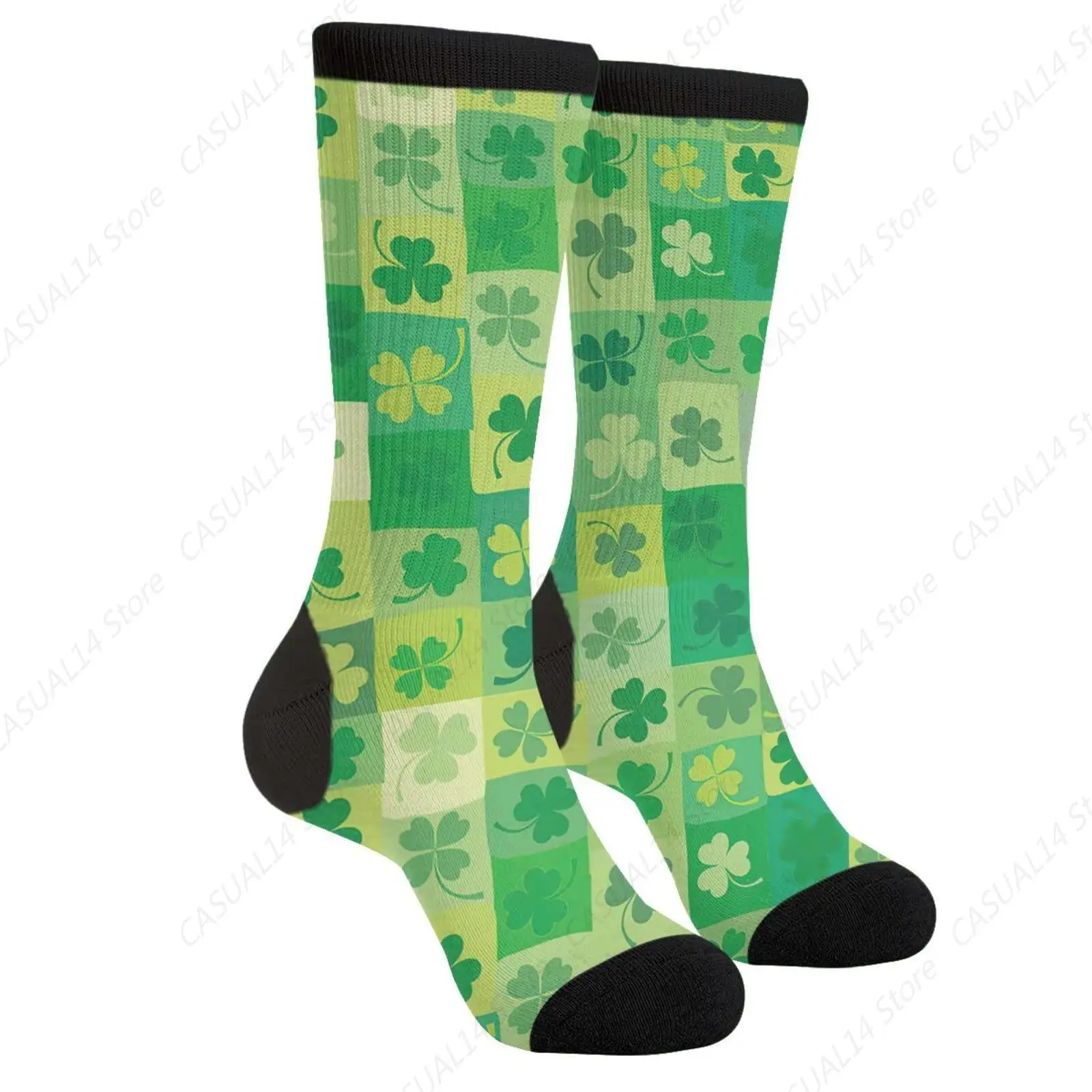 Green Checkered Clover Casual Funny Funky Novelty Fashion Comfortable Socks For Men Women Crazy Dress