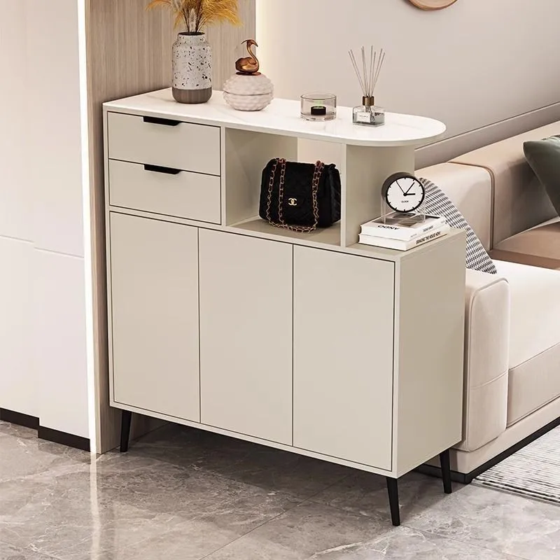 

Solid wood entrance cabinet integrated partition home entrance double-sided light luxury cream