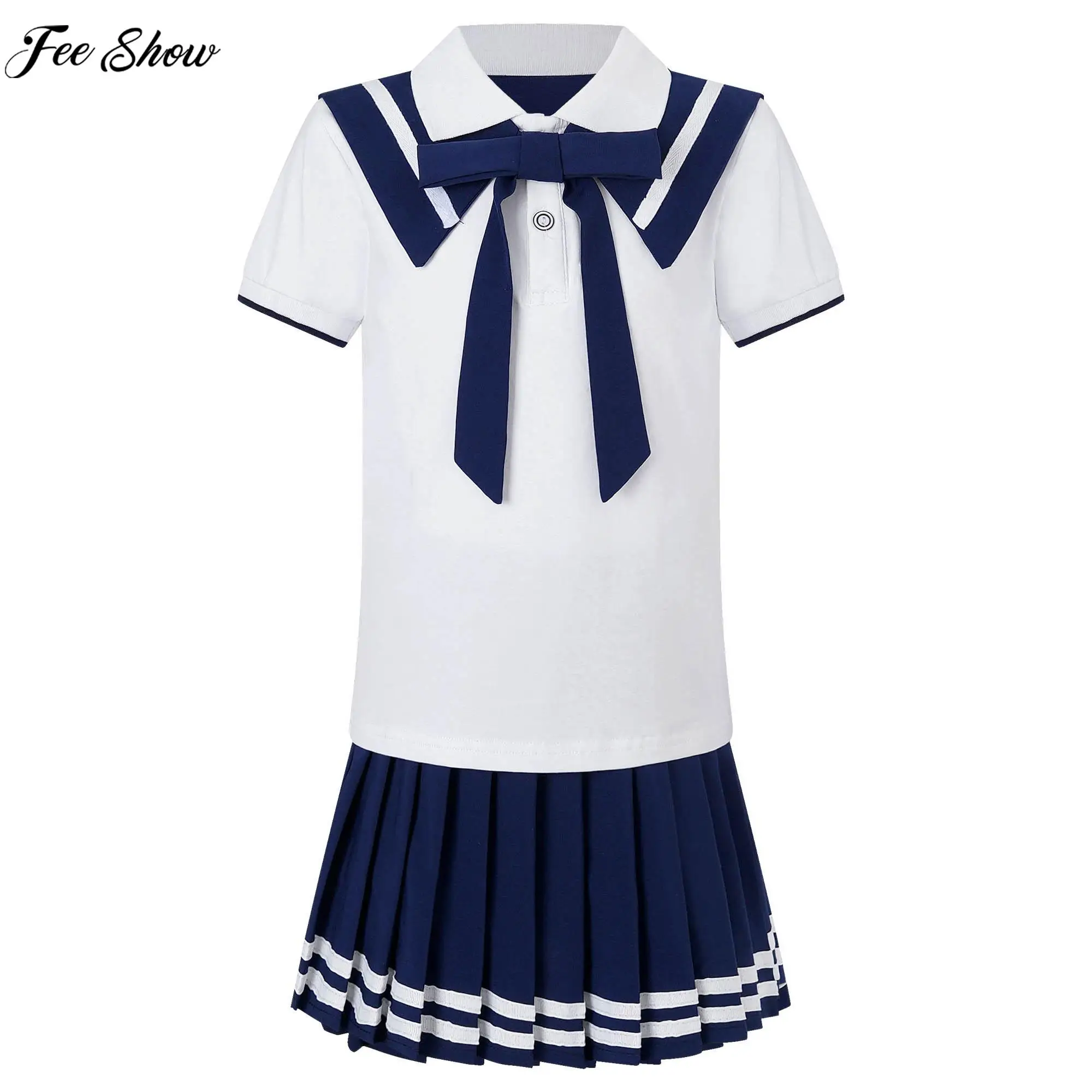 Children Girls Student School Uniforms Fashion Preppy Style Tops with Pleated Skirt Schoolgirl Choir Stage Performance Outfits