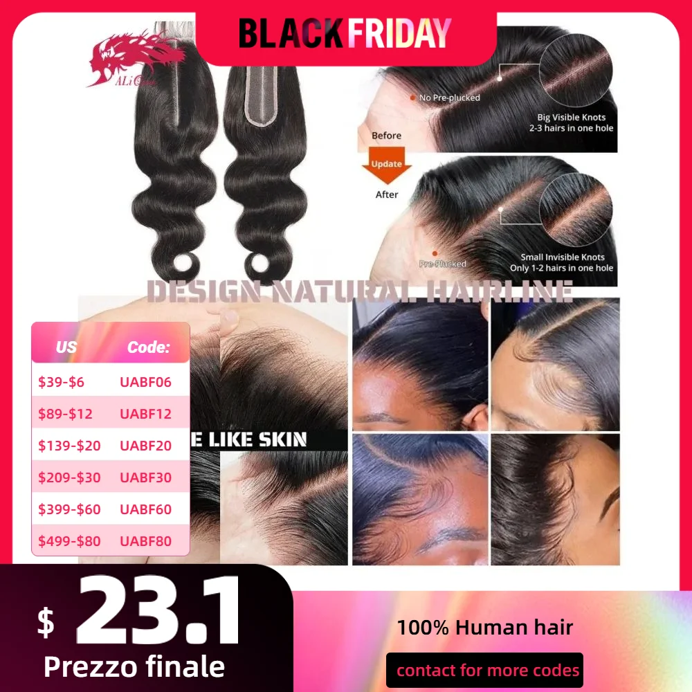 Ali Queen Hair 2x6 5x5 6x6 Real HD Lace Closure Invisible Melt Skin Full Frontal 13x6 13x4 Indian Virgin Body Wave Hair