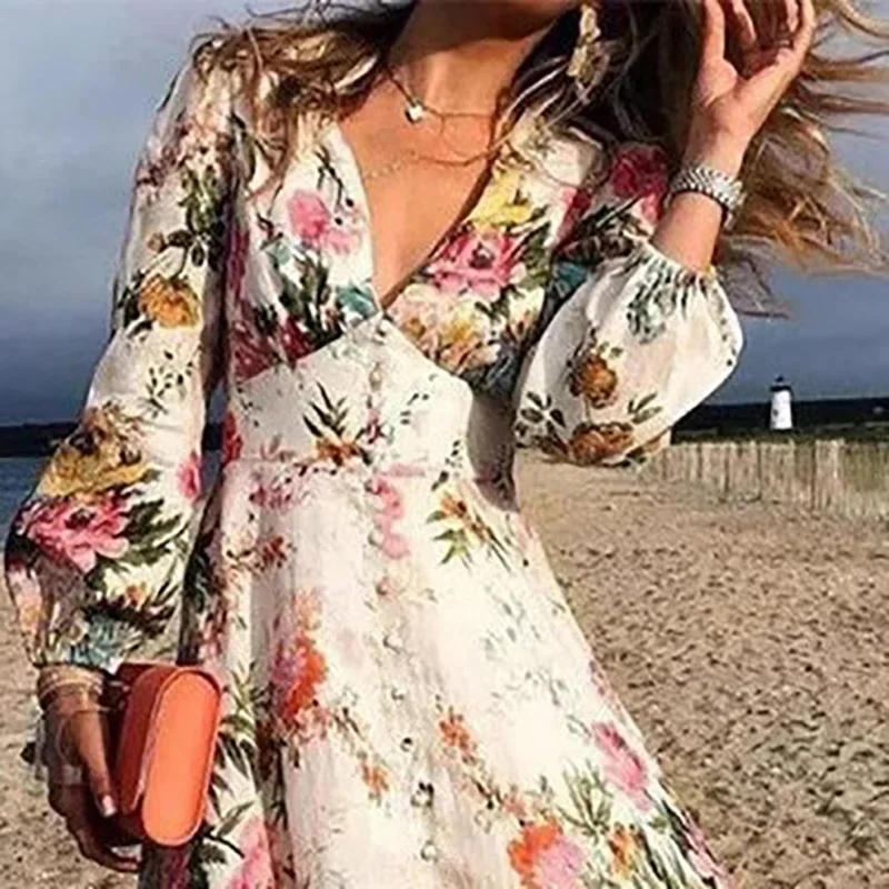 Vintage Bohemian Floral Printed Pleat Long Dress Casual V Neck High Waist Pullover Dress Elegant Lantern Long Sleeve Party Dress