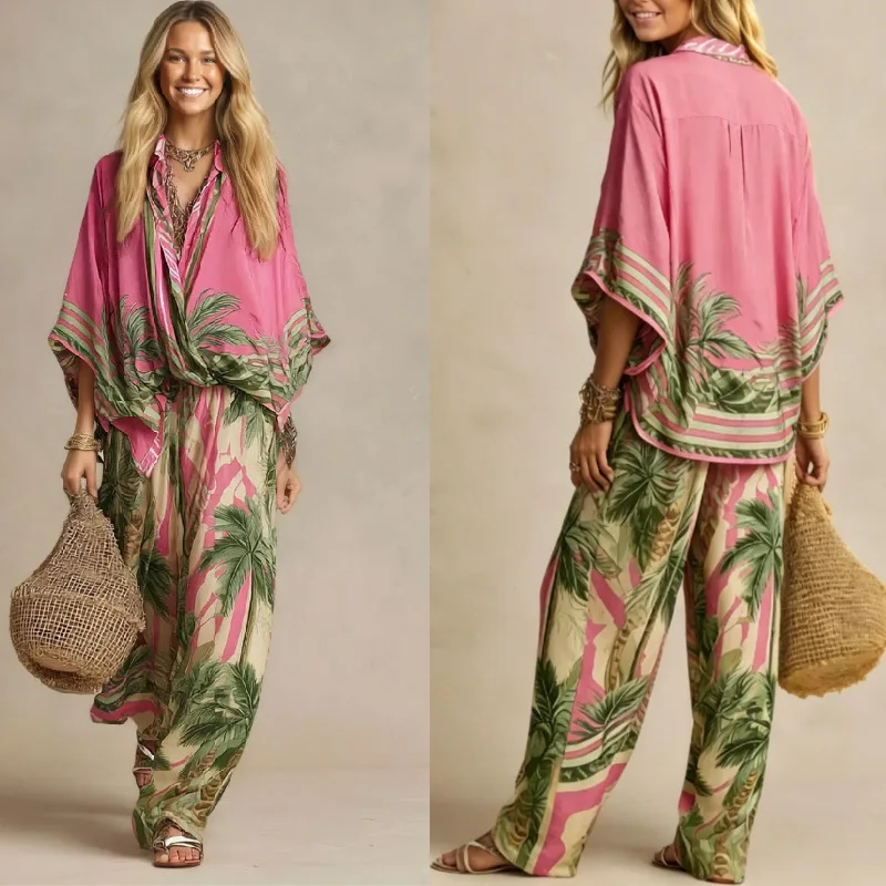 New Resort-style Printed Loose-fitting Shirt And Wide-leg Pants. Two-piece Set Women's Formal Evening Gowns Luxury Clothes