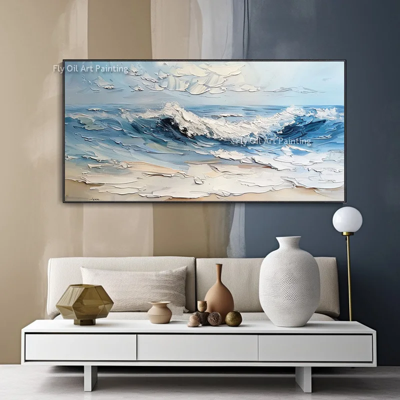 Hand Painted 3D Ocean Wave Oil Painting On Canvas Thick Impasto Seascape Wall Art Palette Knife Blue Sea Picture For Living Room
