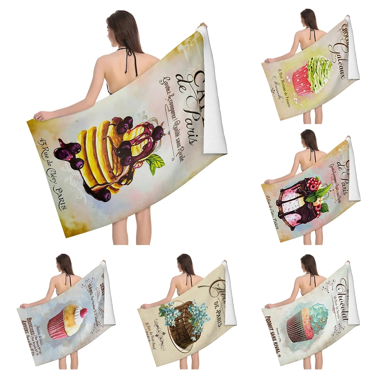 Dessert Bath Towel Cake Pastry Print Beach Towel Soft Polyester Shower Quick Dry Swimming Cover Travel Sport Spa Hand Towels