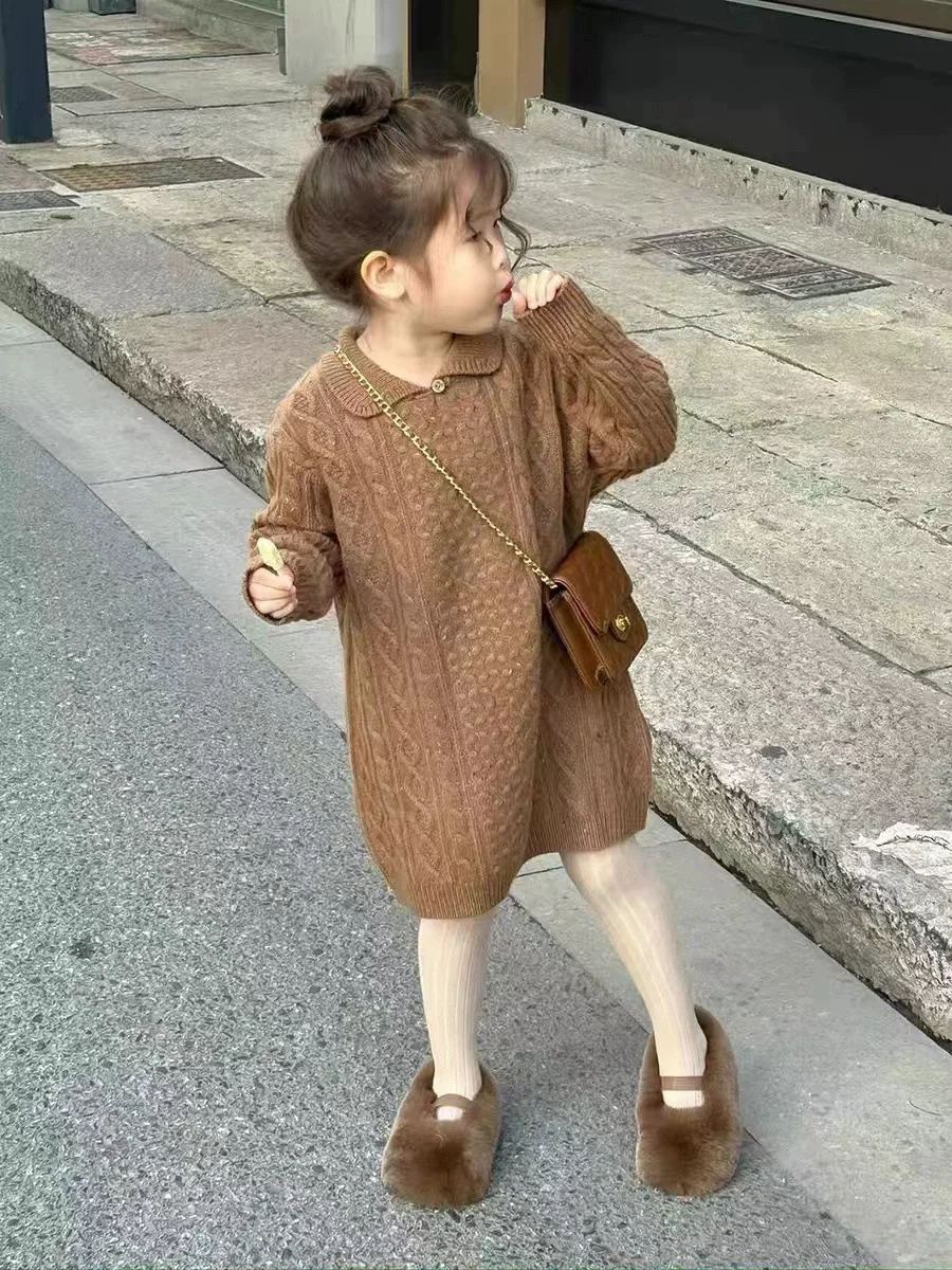 

Весенне-осеннее стильное однотонное вязаное платье-свитер с длинными рукавами для девочек, школьная юбка для детей, наряд для прогулок, 1-10 лет