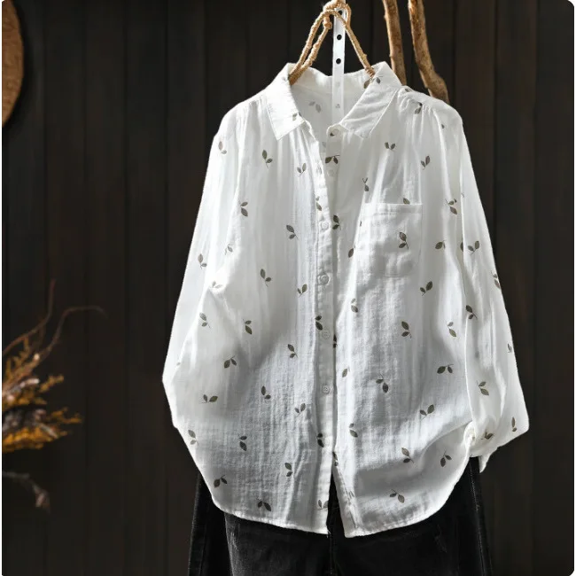 Women Autumn New Japan Style Cartoon Printed Cotton Yarn Shirts Vintage Turn Down Collar Long Sleeve Casual Loose Blouse Tops 4