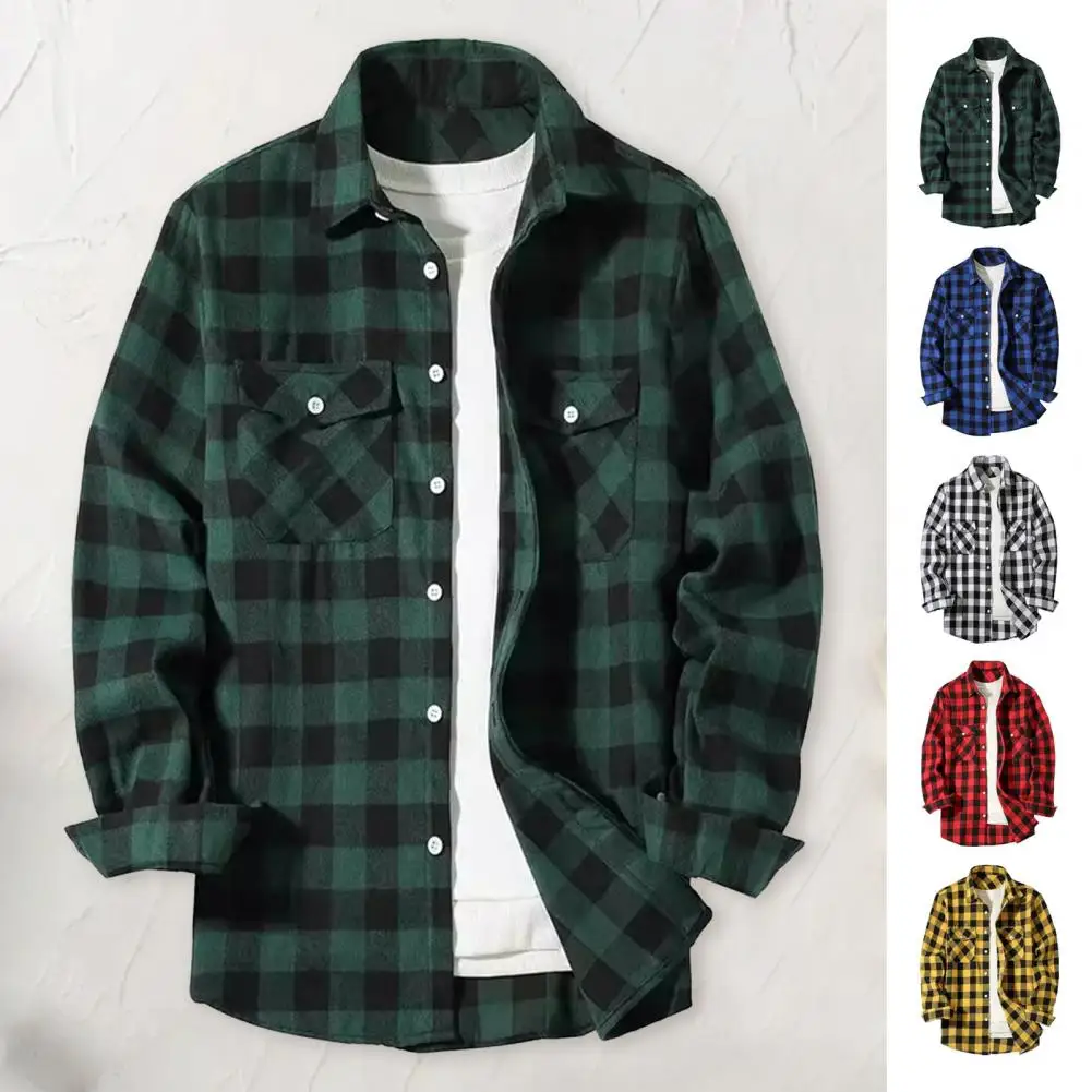 Men Shirt Men's Plaid Print Shirt Coat With Chest Pocket Turn-down Collar Fall Winter Long Sleeves Jacket Loose Fit Contrast