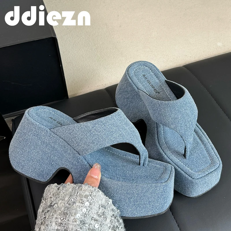 Platform Slippers Shoes For Ladies Heels Female Square Toe Footwear Wedges Flip Flops Pumps Women Slippers Fashion Slides Shoes