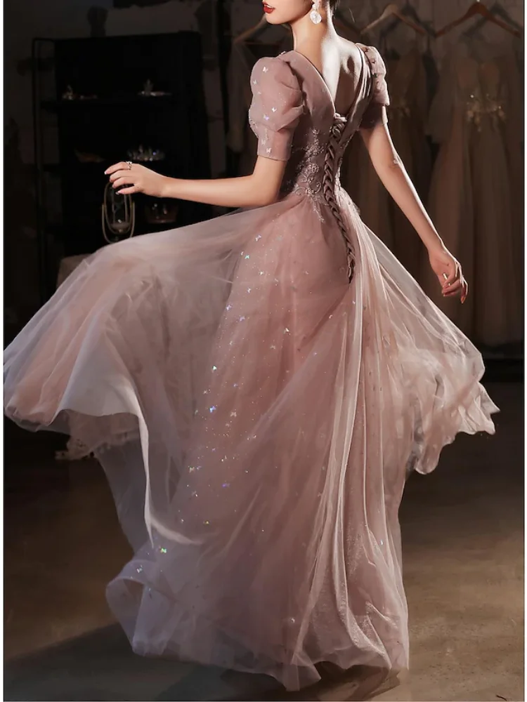 Vestido de noche elegante de línea a para invitados de boda, longitud hasta el suelo, manga corta, escote Corazón, satén, espalda en V con apliques de cuentas, vestido de Graduación