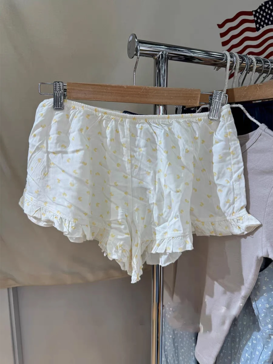 Little Yellow Duck Ruffles 반바지 여성 여름 신축성있는 허리 코튼 스트레이트 짧은 바지 Sweet Home Pajama New Y2k Sweatshorts